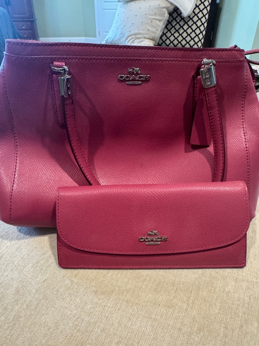 Coach Pink Leather Tote with Matching Wallet